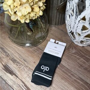 ALO Yoga Black Athletic Crew Socks with White Stripes
